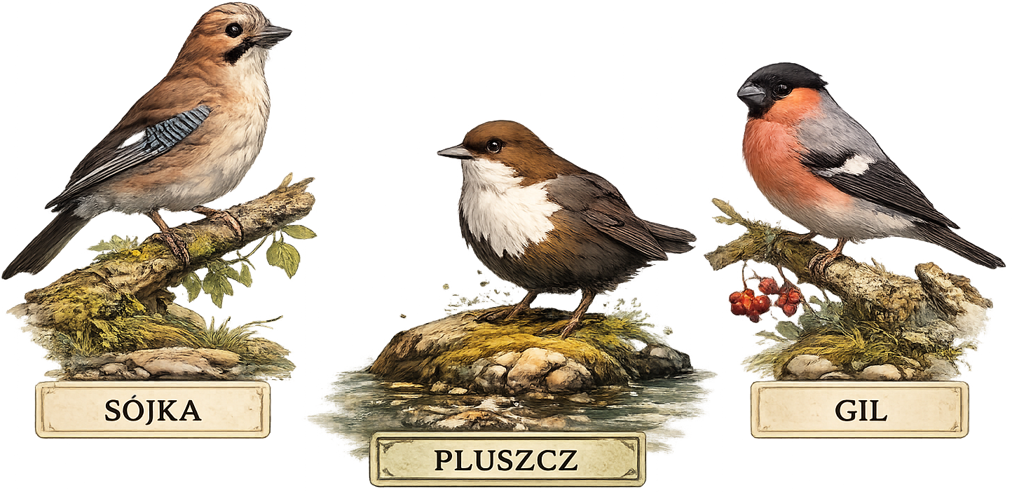 Porównanie trzech ptaków: sojka, pluszcz i gil