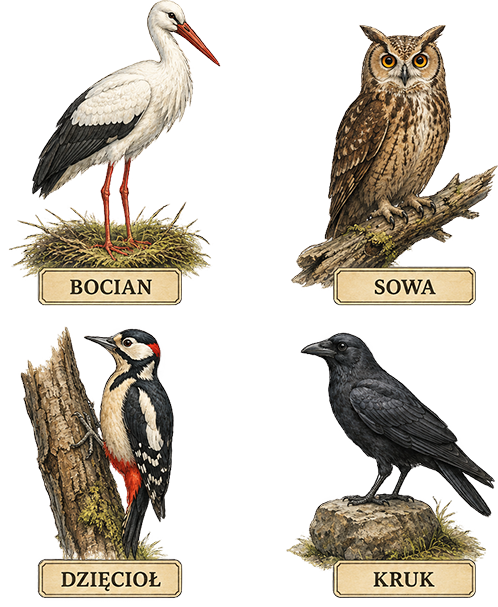 bocian sowa dzięcioł kruk - ilustracje ptaków