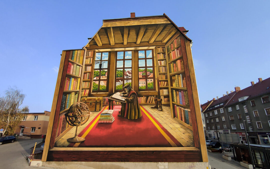 wykonany mural - Jakob Böhme na ścianie biblioteki miejskiej w Zgorzelcu