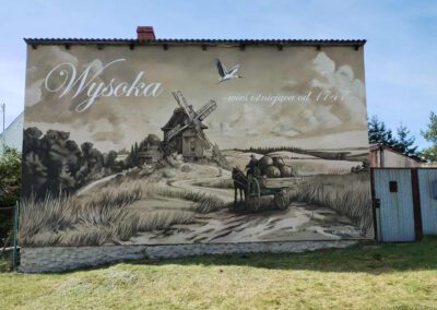 wykonany mural we wsi Wysoka - młyn, sepia