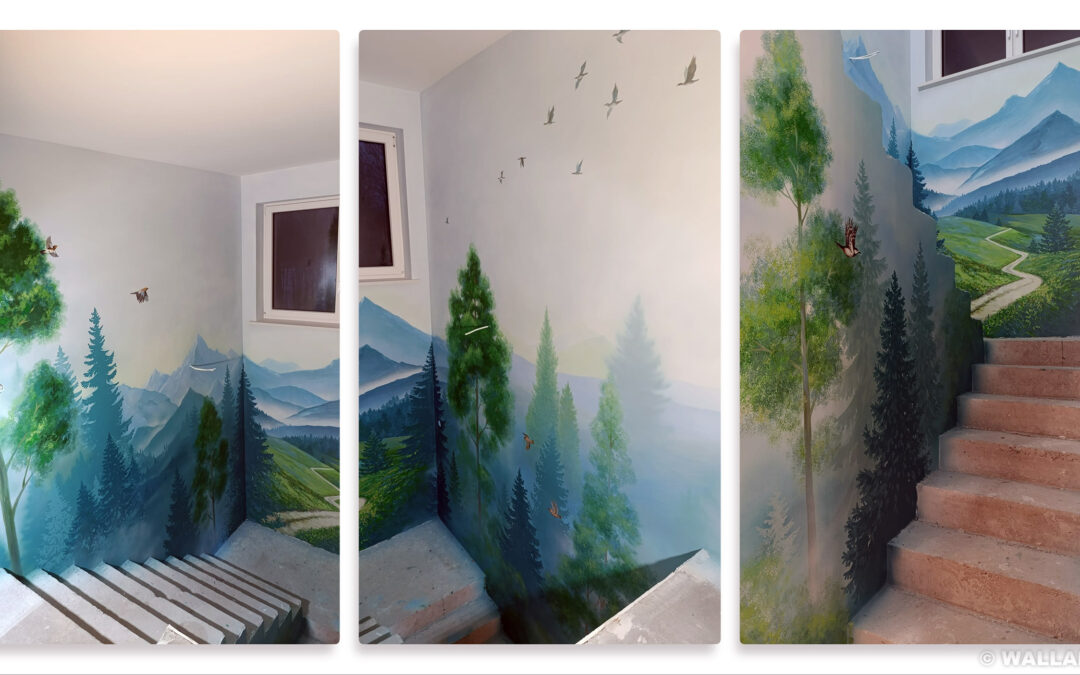wykonany mural na klatce schodowej w prywatnym mieszkaniu - góry, las, droga, przestrzeń