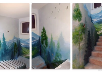 wykonany mural na klatce schodowej w prywatnym mieszkaniu - góry, las, droga, przestrzeń